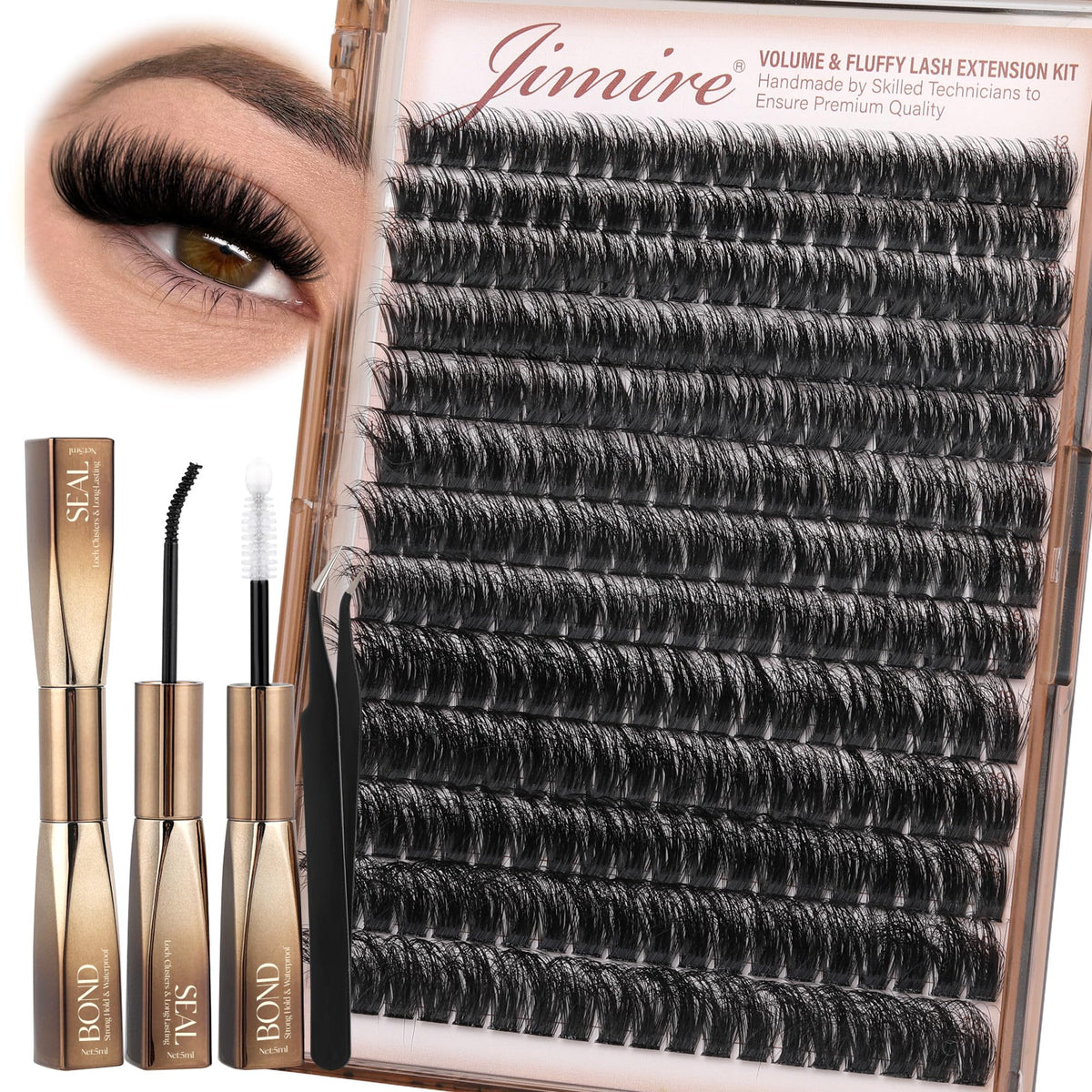 Jimire Lash Clusters Kit - 200D Fluffy D Curl 12-20Mm Eyelash Extensions, Waterproof, 