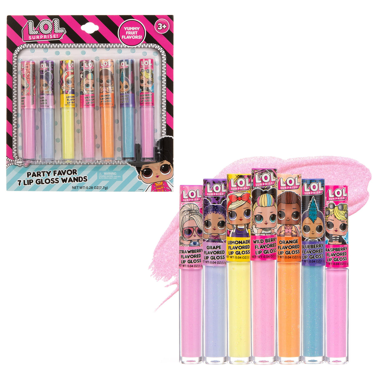 L.O.L. Surprise! 7-Pack Lip Gloss for Girls - Pink, 0.04 Ounce Each, Fun & Trendy