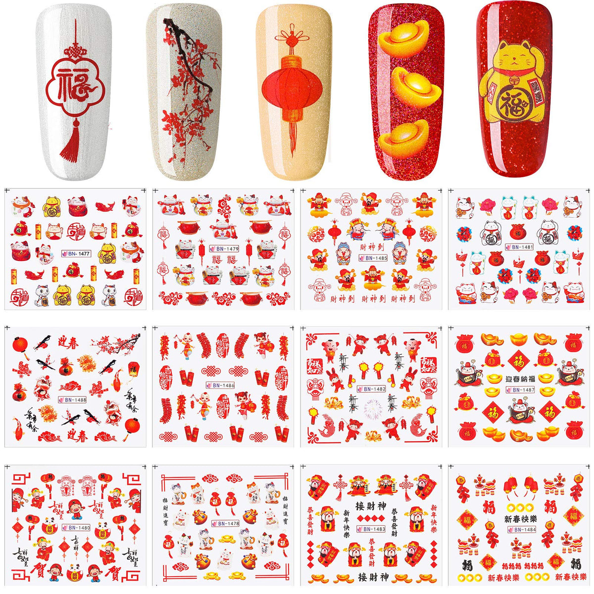 Maitys 12 Sheets Red Chinese New Year Nail Art Stickers - Diy Water Transfer Decals For Women