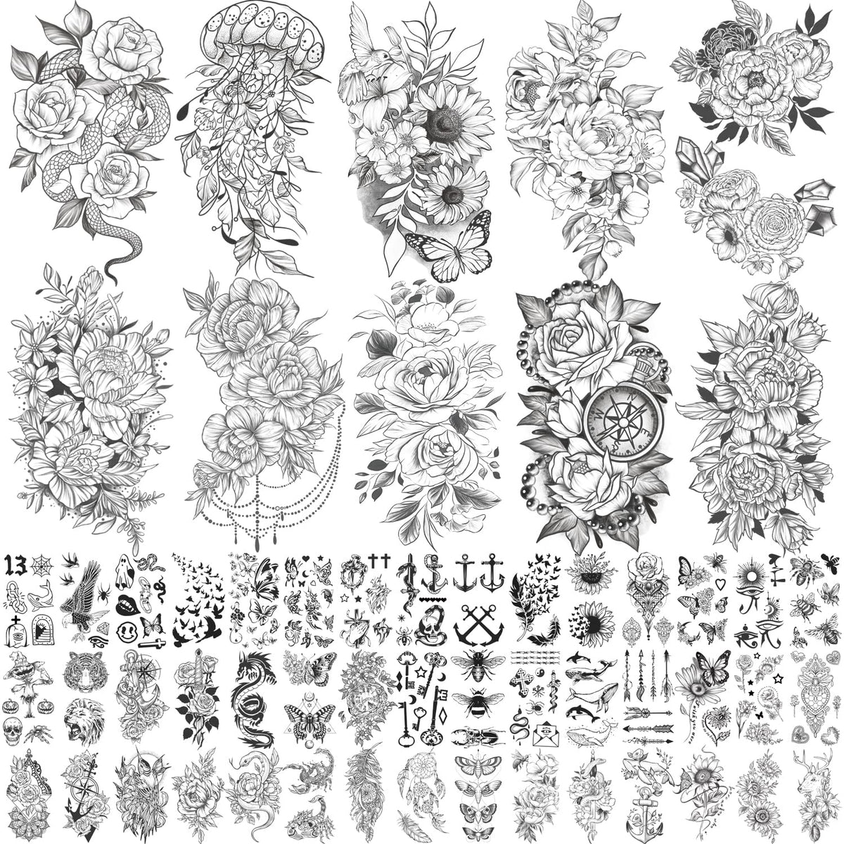 Yazhiji Waterproof Temporary Tattoos For Kids & Adults - Snake, Sunflower, Butterfly Designs