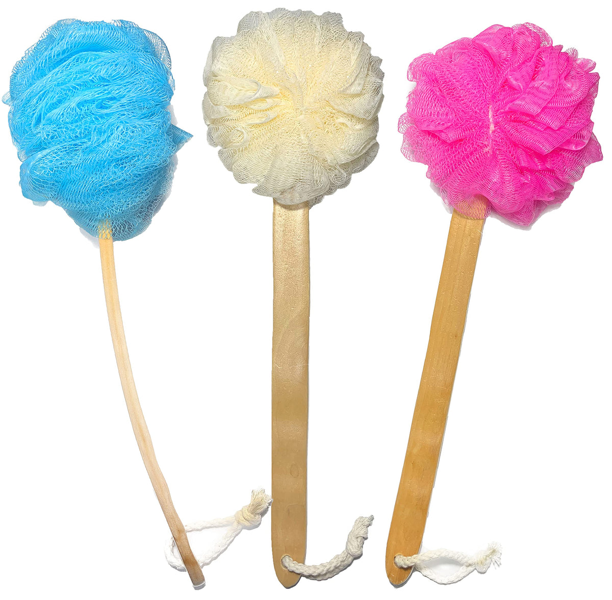 Mr.Cui'Shop 3 Pack Exfoliating Loofah Back Brush - Ergonomic Wooden Handle Shower Scrubber