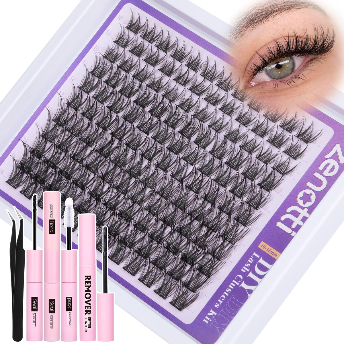 Zenotti Natural Lash Clusters Kit - C Curl 10-16Mm Wispy Extensions With Bond, Seal & Tweezers