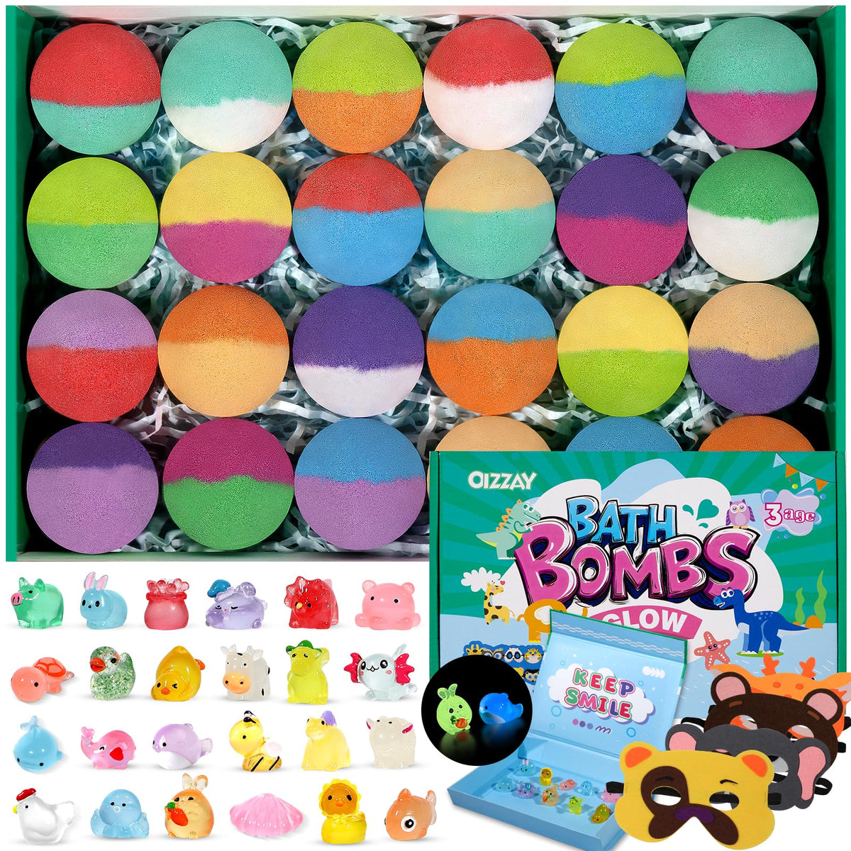 Oizzay Bath Bombs For Kids - 24 Colorful Surprise Bath Bombs With Glow Toys & Animal Masks