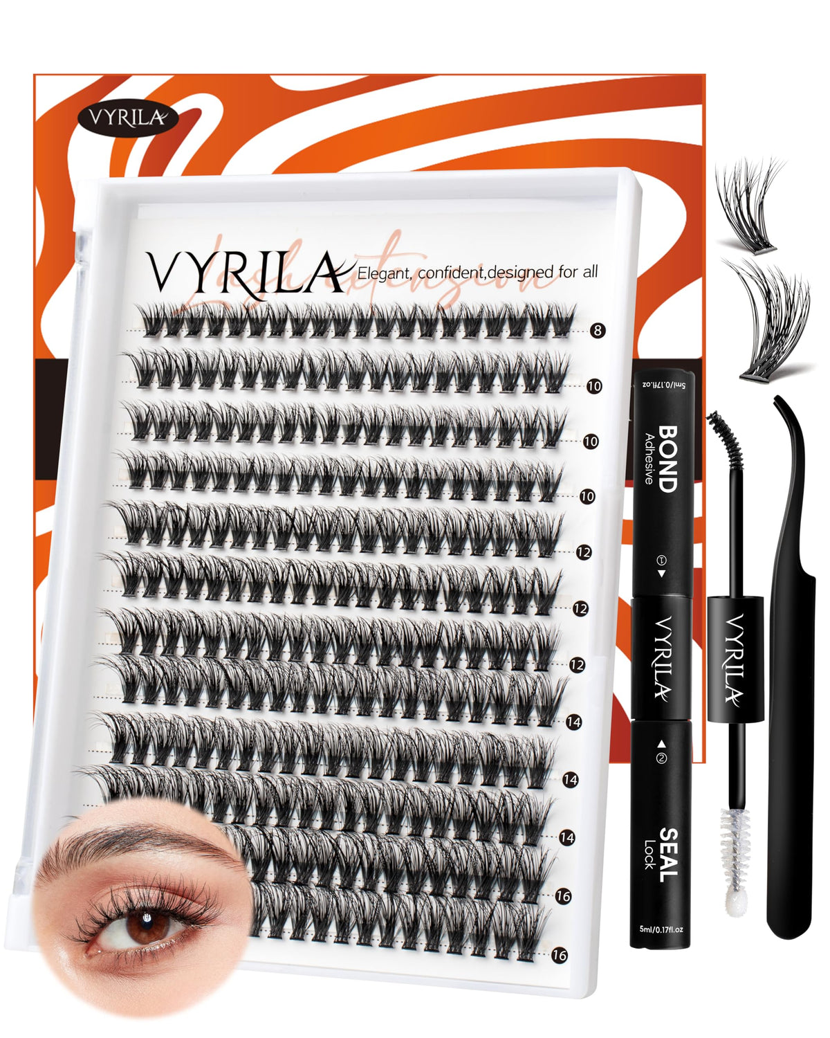 Vyrila Lash Extension Kit - 0.07Mm Wispy C Curl Clusters, 40P, Waterproof Bond & Tweez