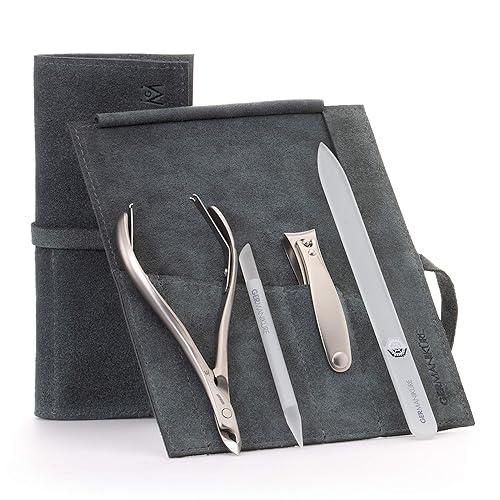 Germanikure Professional 4Pc Manicure Set - Finox Stainless Steel Tools In Light Gray Suede Case