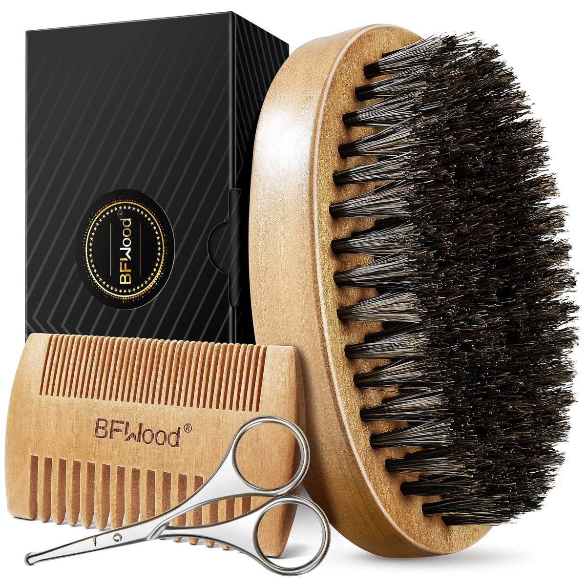 BFWood Beard Grooming Kit - Boar Bristle Brush, Wood Comb & Mustache Scissors for Men