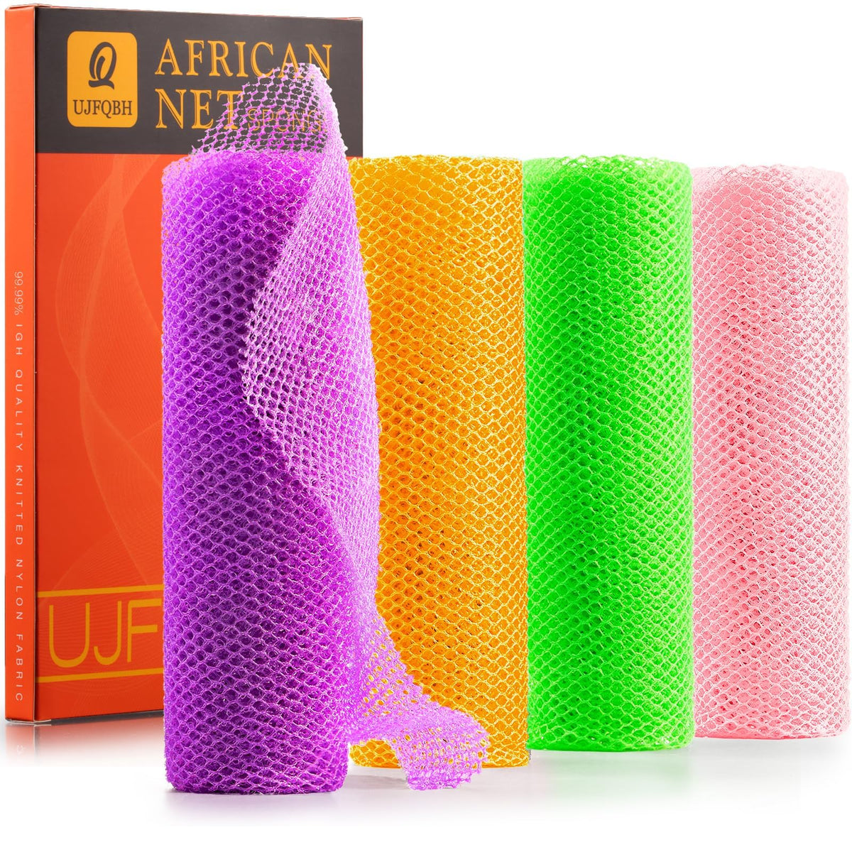 Ujfqbh 4-Pack African Net Bath Sponge Set - Exfoliating Shower Scrubber, Multi-Color