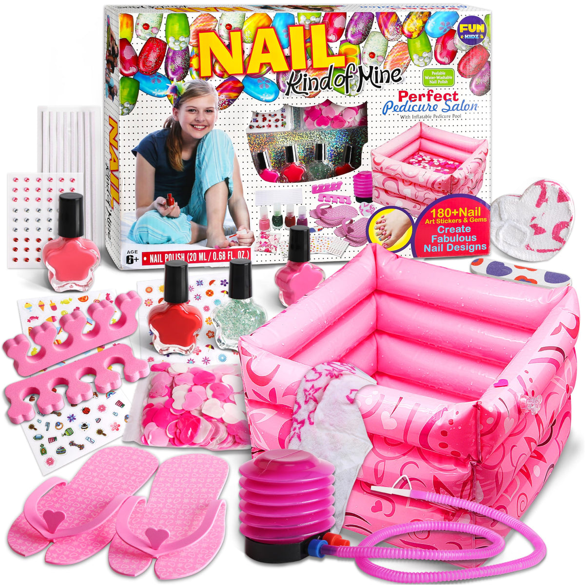 Fun Kidz Kid Foot Spa Kit - Inflatable Foot Tub, Nail Polish & Accessories For Girls, 15 Piece Set