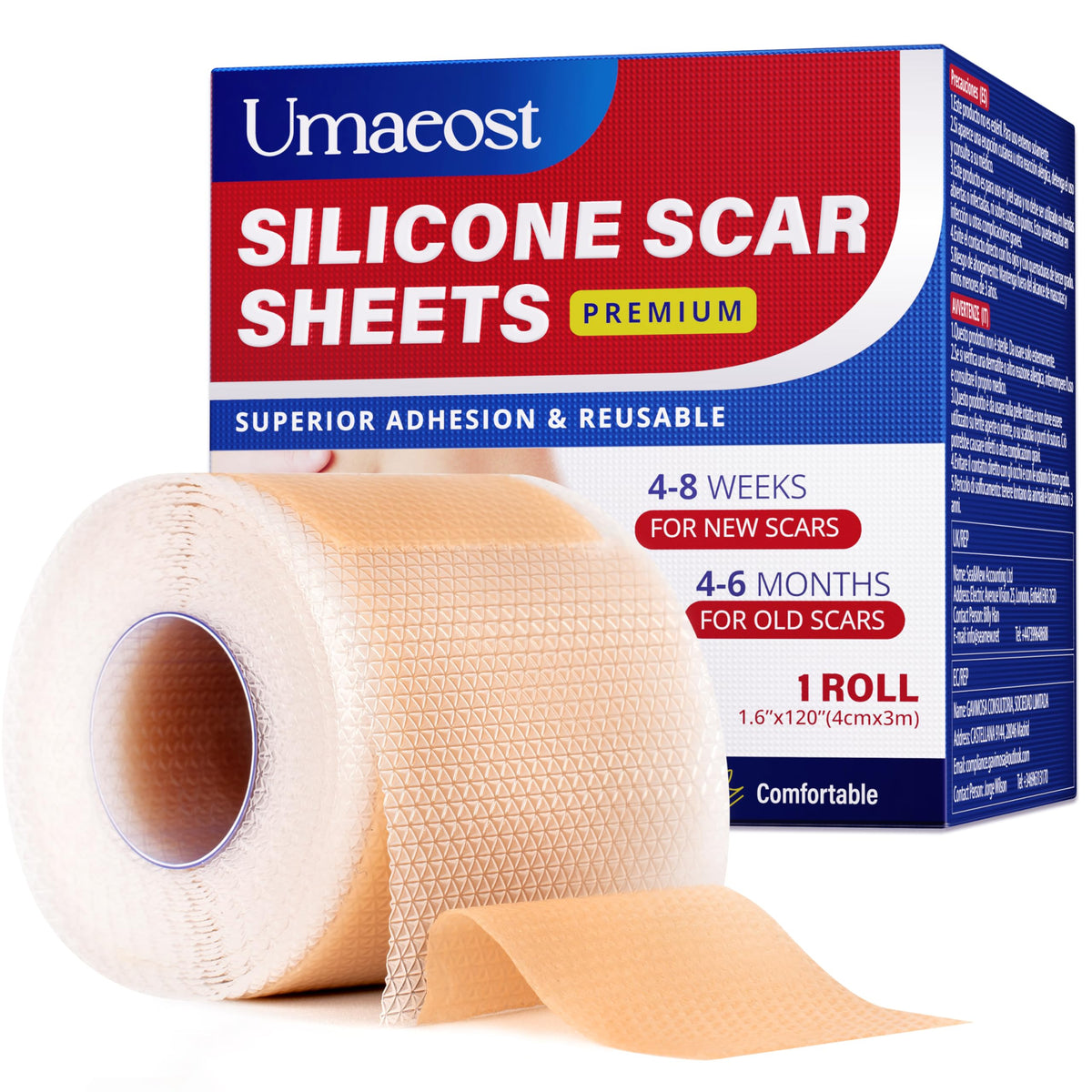 Umaeost 1.6&quot;X120&quot; Medical Silicone Scar Tape - Reduce Scars From Surgery, Acne, Burns