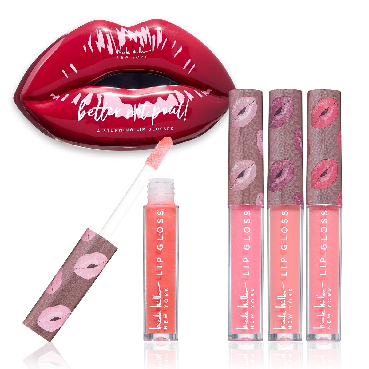 Nicole Miller Lip Gloss Collection - Shimmery Long Lasting Color, 4 Count, Better Not Pout Red