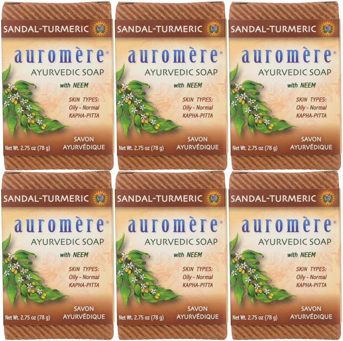 Auromere Ayurvedic Bar Soap, Sandal Turmeric - Eco Friendly, Handmade, Vegan, Cruelty Free, Natural, Non GMO (2.75 oz), 6 pack