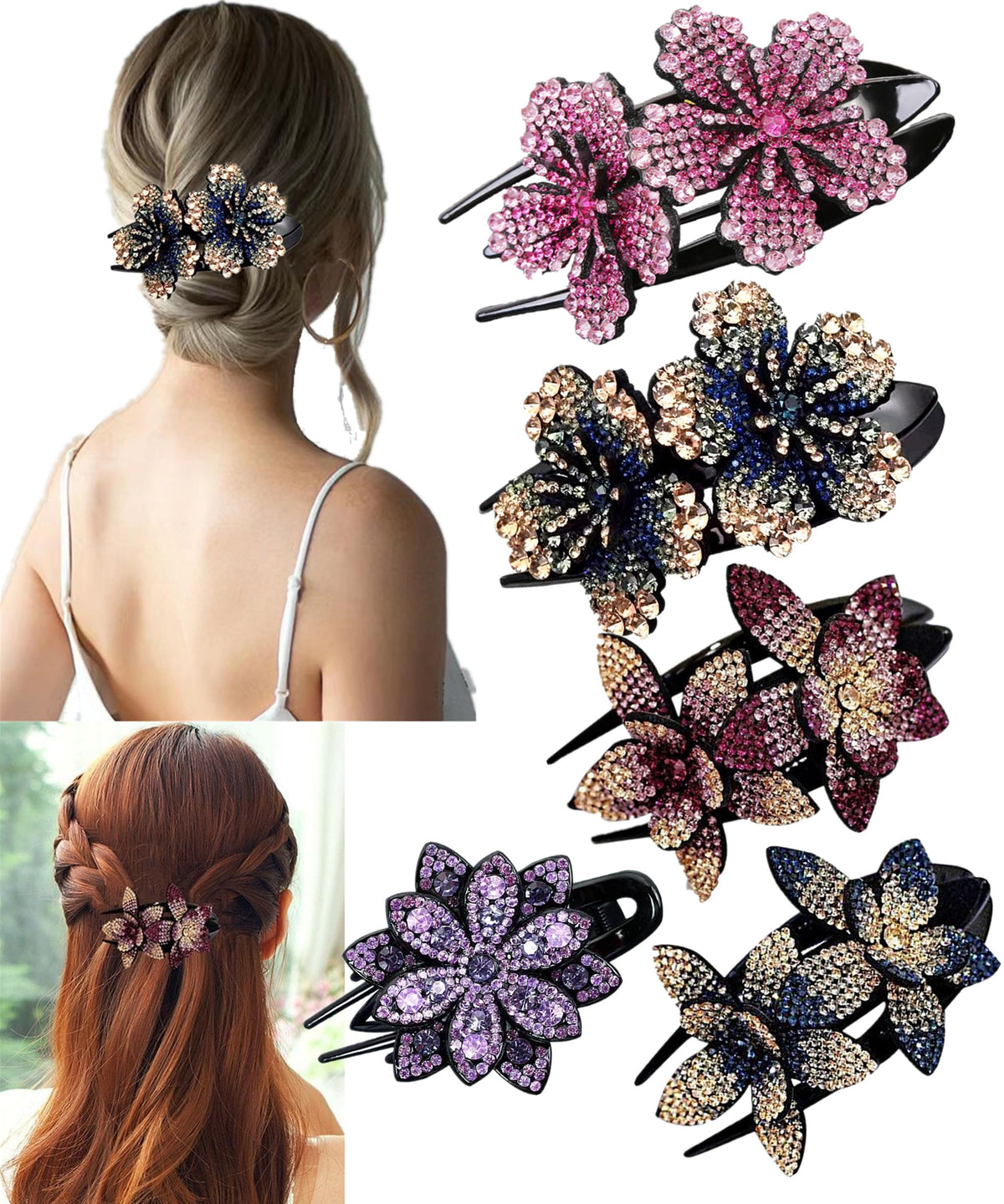 Ljc-20 5 Pcs Double Flower Rhinestone Hair Clips - Elegant Crystal Barrettes For Women