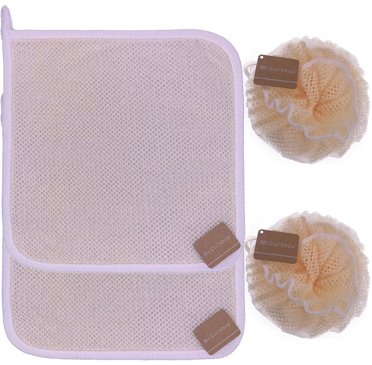 Mr.Cui'Shop 4 Pcs Soft Weave Exfoliating Wash Cloths & Bath Puff Scrubber - Off-White