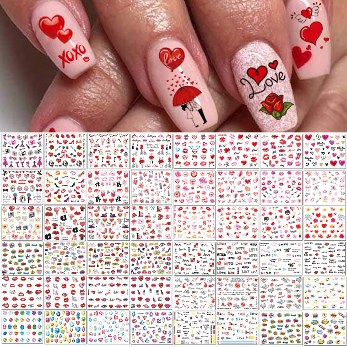 Tailaimei Valentine'S Day Nail Art Decals - 60 Sheets Water Transfer Stickers For Manicure