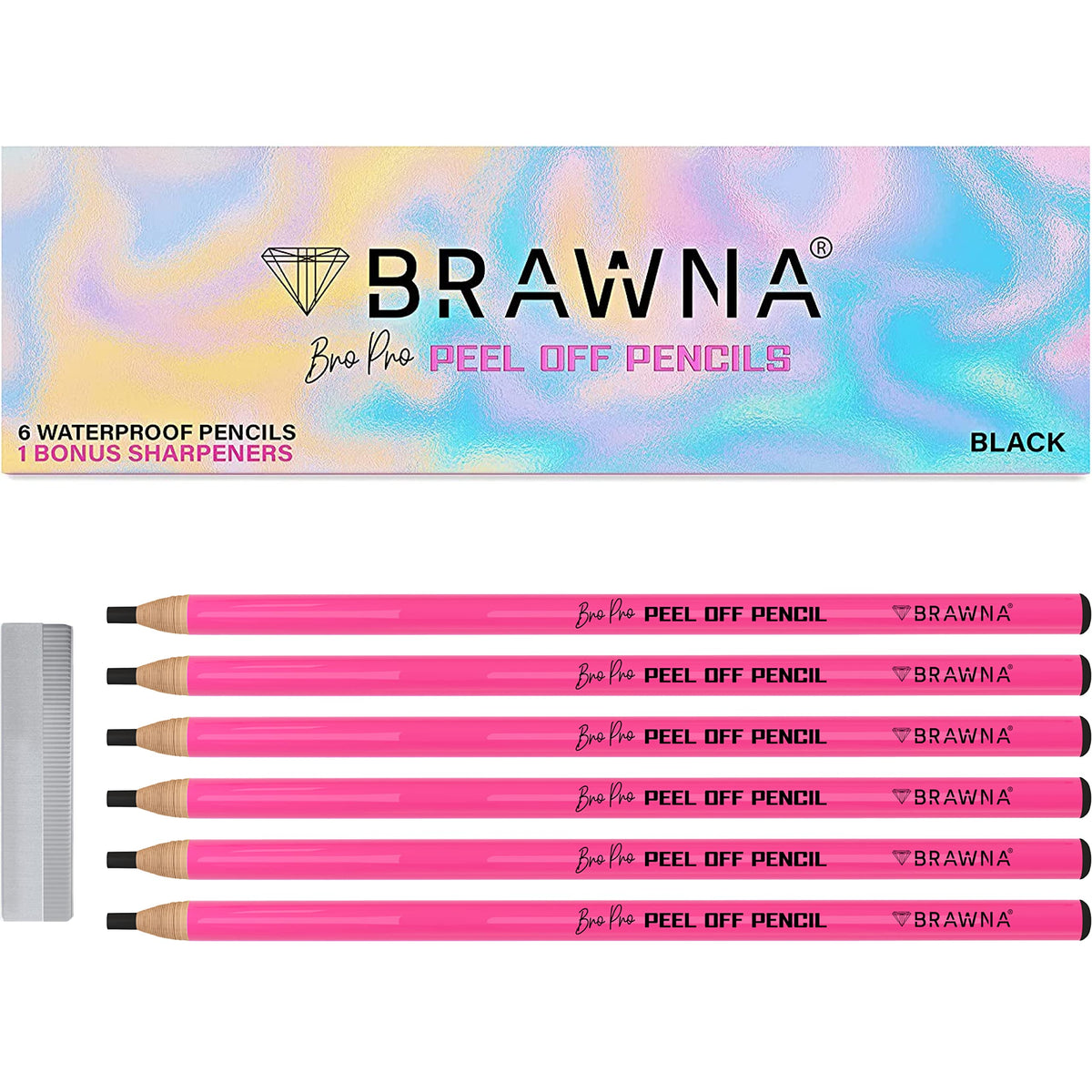 Brawna Waterproof Brow Peel Off Pencils - 6 Pcs Eyebrow Mapping Kit With Sharpener - Black