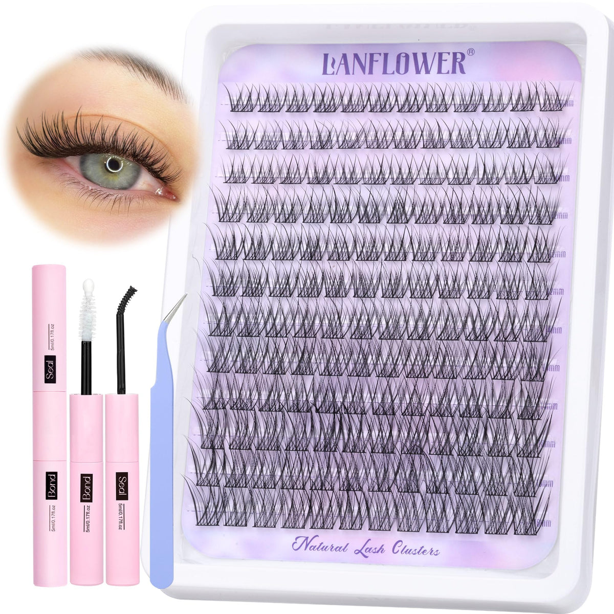 Lanflower Natural Lash Clusters Kit - 144Pcs C Curl Waterproof Eyelash Extensions 10-16Mm