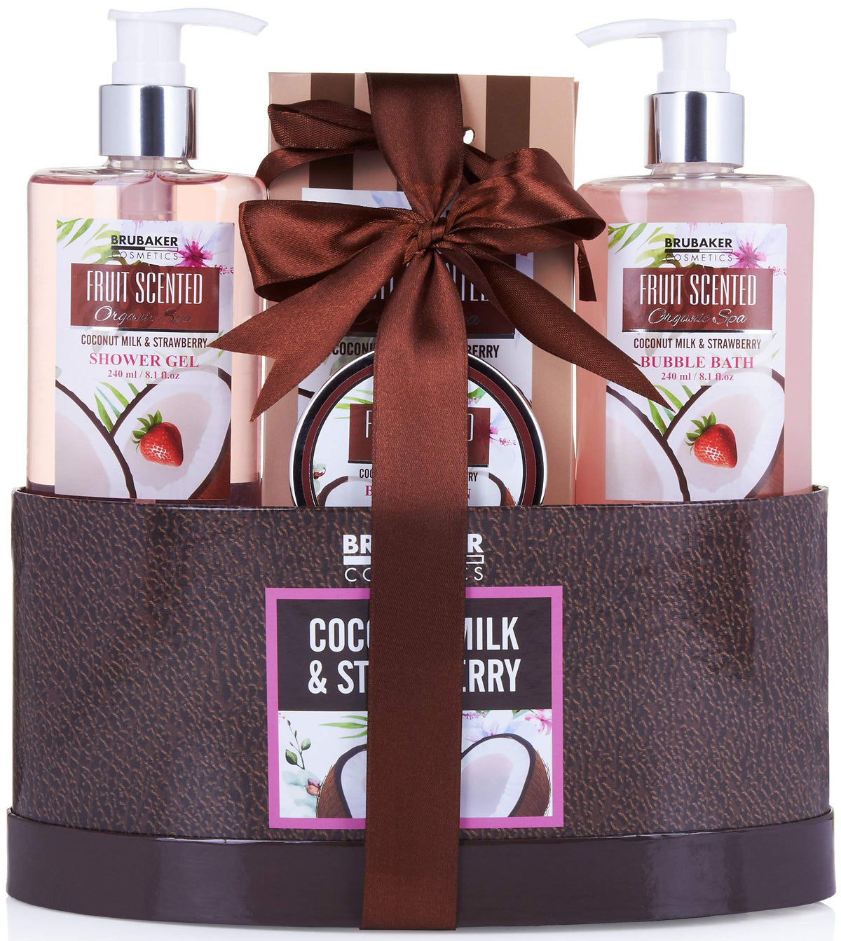 Brubaker Home Spa Basket - Coconut Milk & Strawberry Scent - 5 Pcs Bath & Body Gift Set