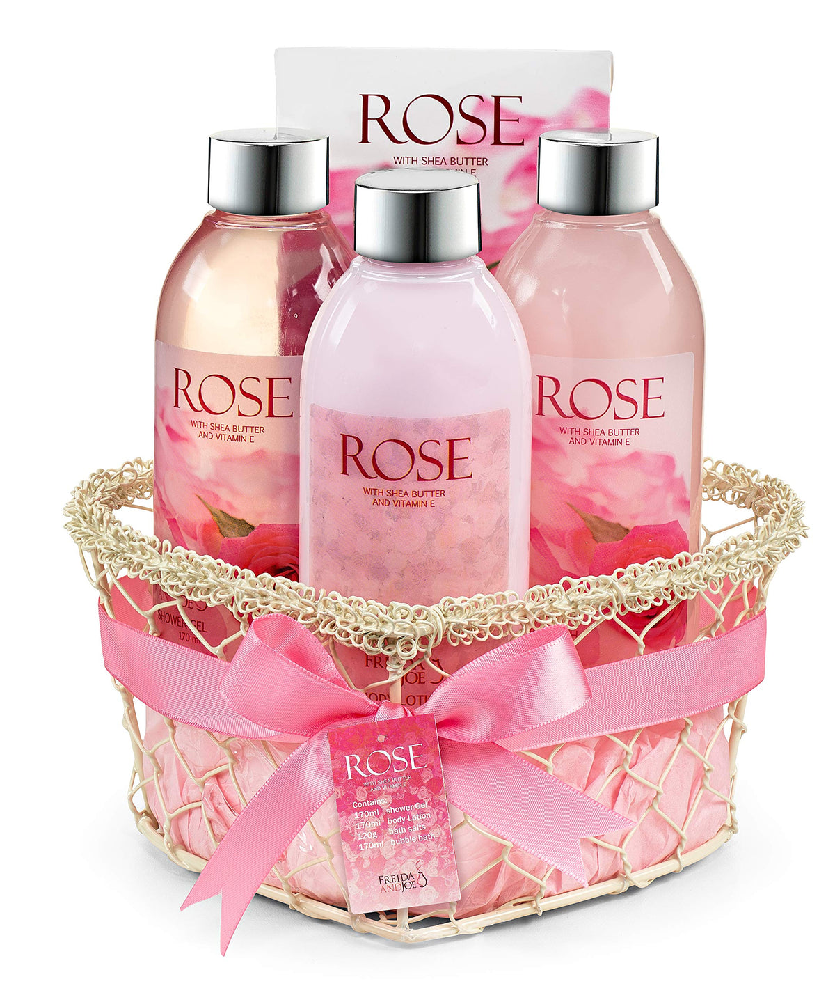 Freida And Joe Heart Pink Rose Spa Gift Basket With Shower Gel, Bubble Bath, Lotion & Bath Salt