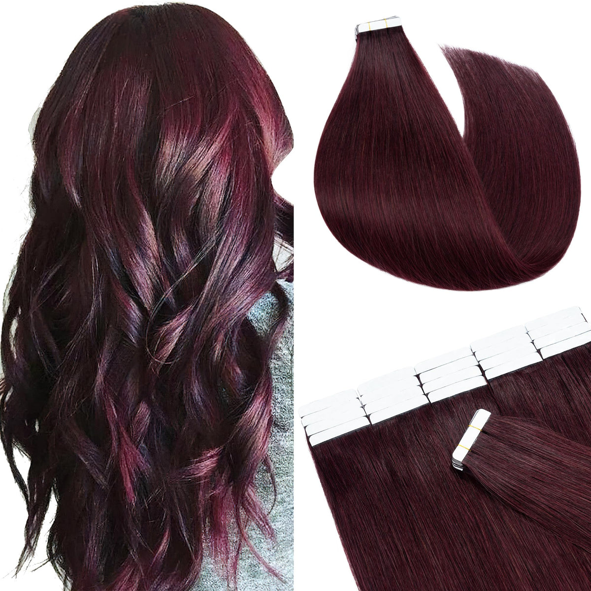 Sego 18&quot; Wine Red Tape Extensions - 100% Remy Human Hair, 20Pcs Seamless & Invisible Weft