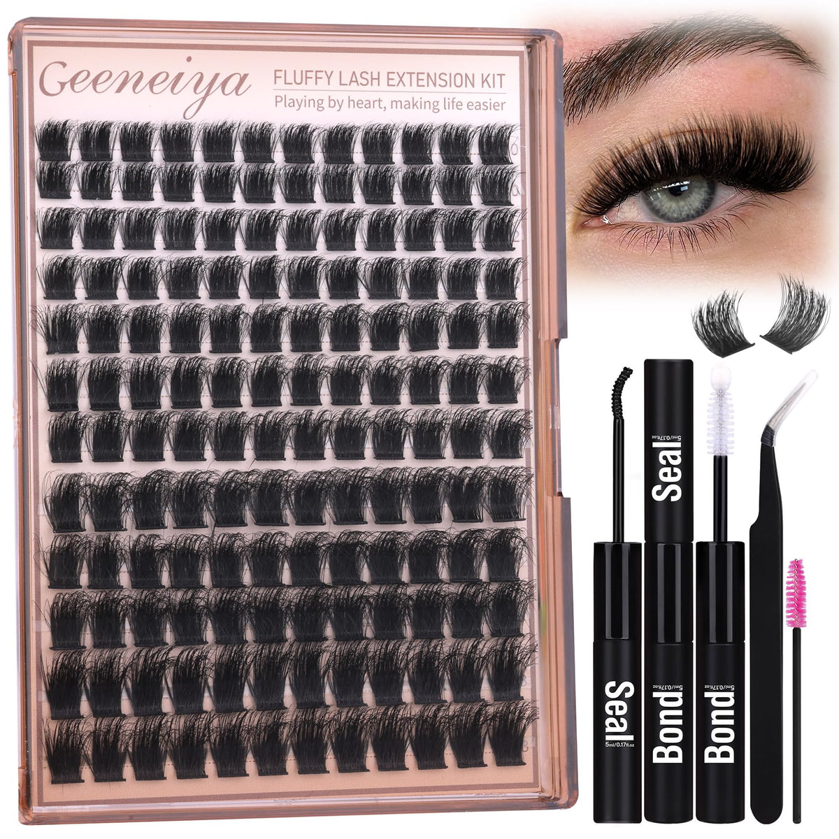 Geeneiya 200D Fluffy Lash Clusters Kit - Thick Wispy Mink Eyelash Extensions For Beginners