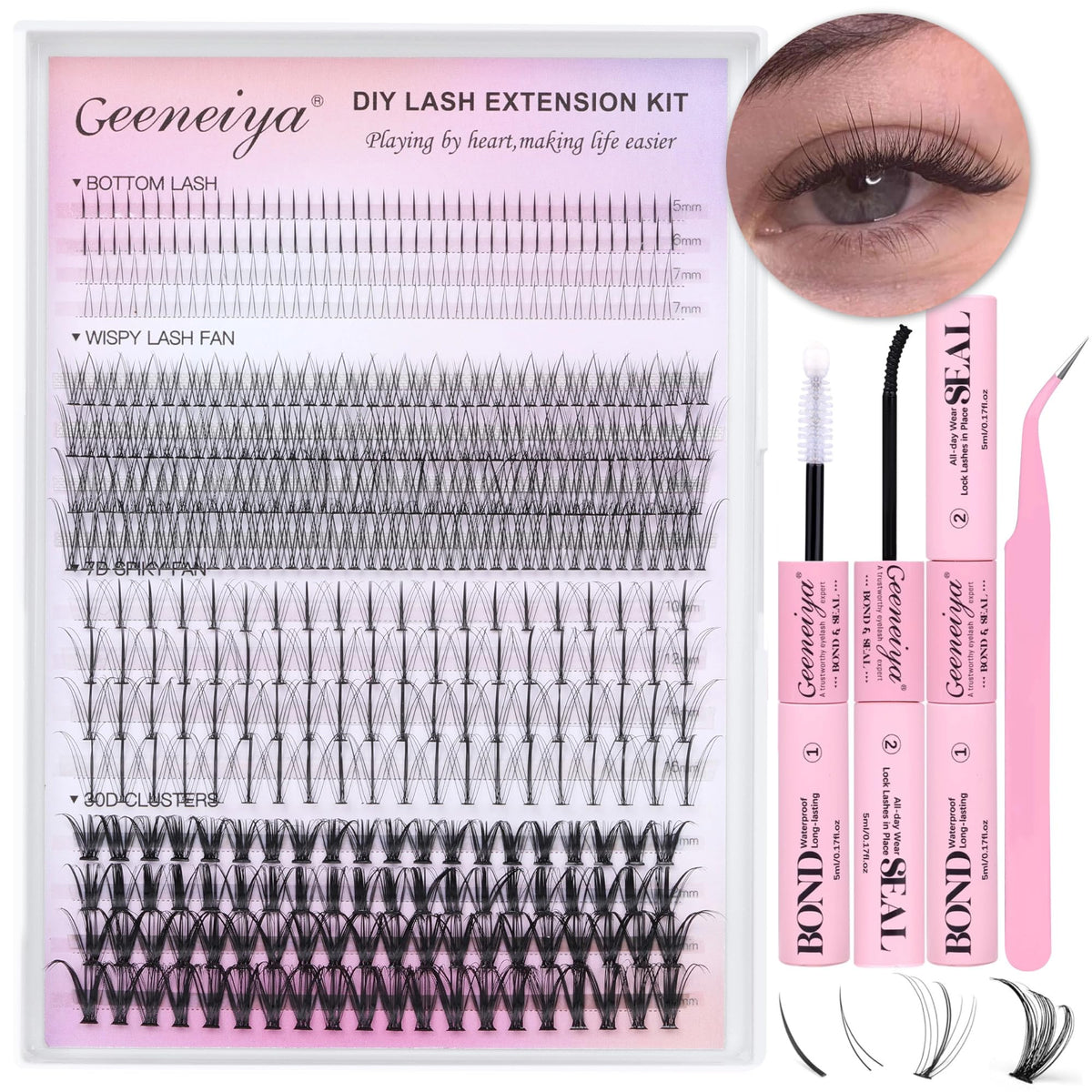 Geeneiya 30D Lash Clusters Kit - 480Pcs Diy D Curl Individual Eyelash Extensions, Waterproof Glue