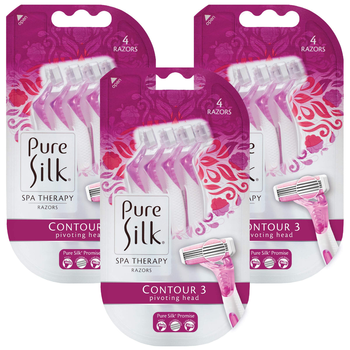 Pure Silk Contour 3 Disposable Razor, Silver, 4 Count (Pack Of 3) - Premium Quality