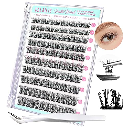 CALAILIS 120Pcs Self Adhesive D Curl Wispy Lash Clusters - Pre Glued, Reusable, No Glue Needed