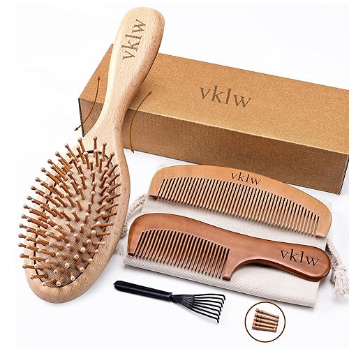 vklw Wooden Hair Brush and Comb Set - Detangling Paddle, Reduces Frizz, Massage Scalp, 3 Pieces