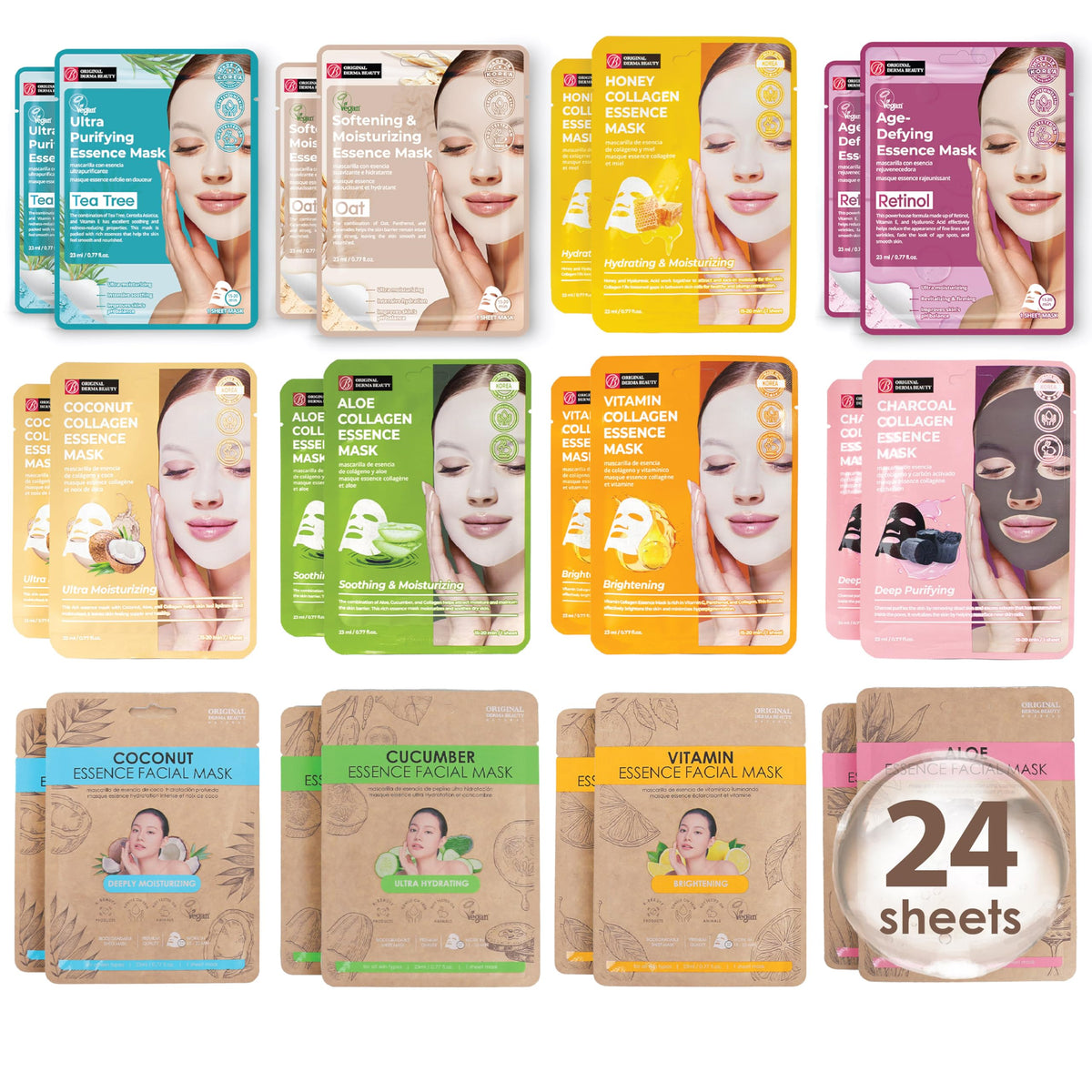 Innerest Collagen Face Masks - 24 Pk Korean Essence Sheet Masks For Skin Care & Beauty