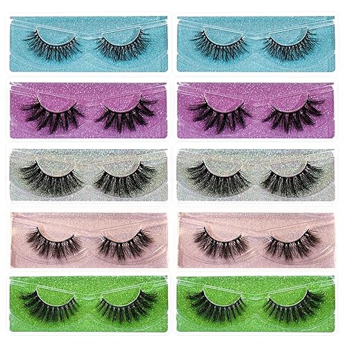 QUNETY 3D Faux Mink Eyelashes - 10 Pairs Fluffy Dramatic Lashes with Glitter, Reusable,