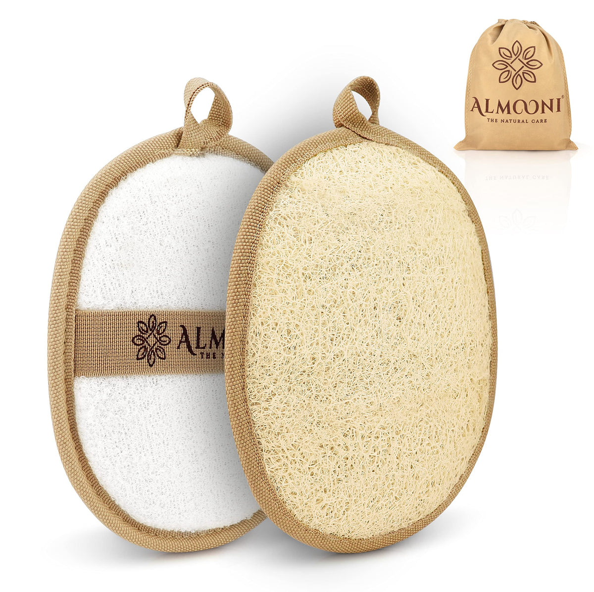 Almooni Natural Loofah Exfoliating Body Scrubber - 2 Count, Tan Bath Sponge For Face & Body