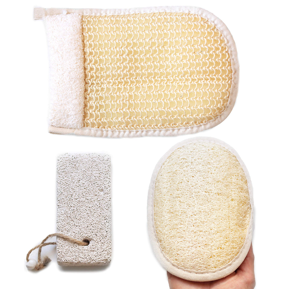 Coimoon Exfoliating Organic Loofah Face Pads & Shower Sponge Set - 3 Piece Natural Pumice