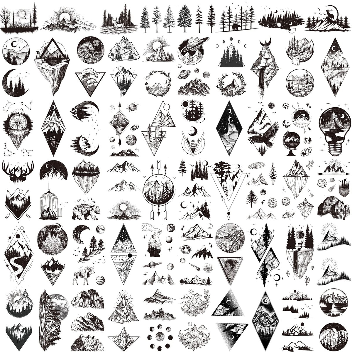 Hotoyannia 62 Sheets Waterproof Mountain Temporary Tattoos For Adults & Kids - Geometry & Nature Designs