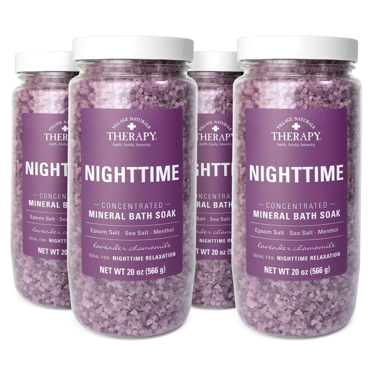 Village Naturals Therapy Nighttime Mineral Bath Soak, 20 Oz, Pack Of 4 - Purple Relaxation