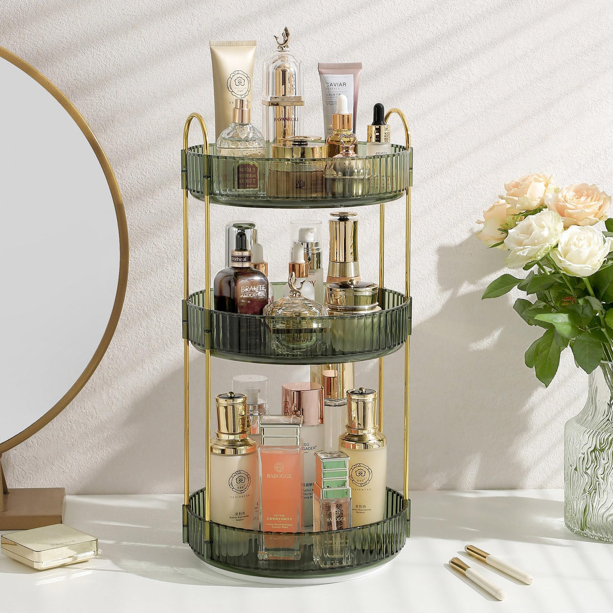 Aveniee Gem Green 3-Tier Rotating Makeup Organizer - Large Capacity Cosmetic & Perfume Holder