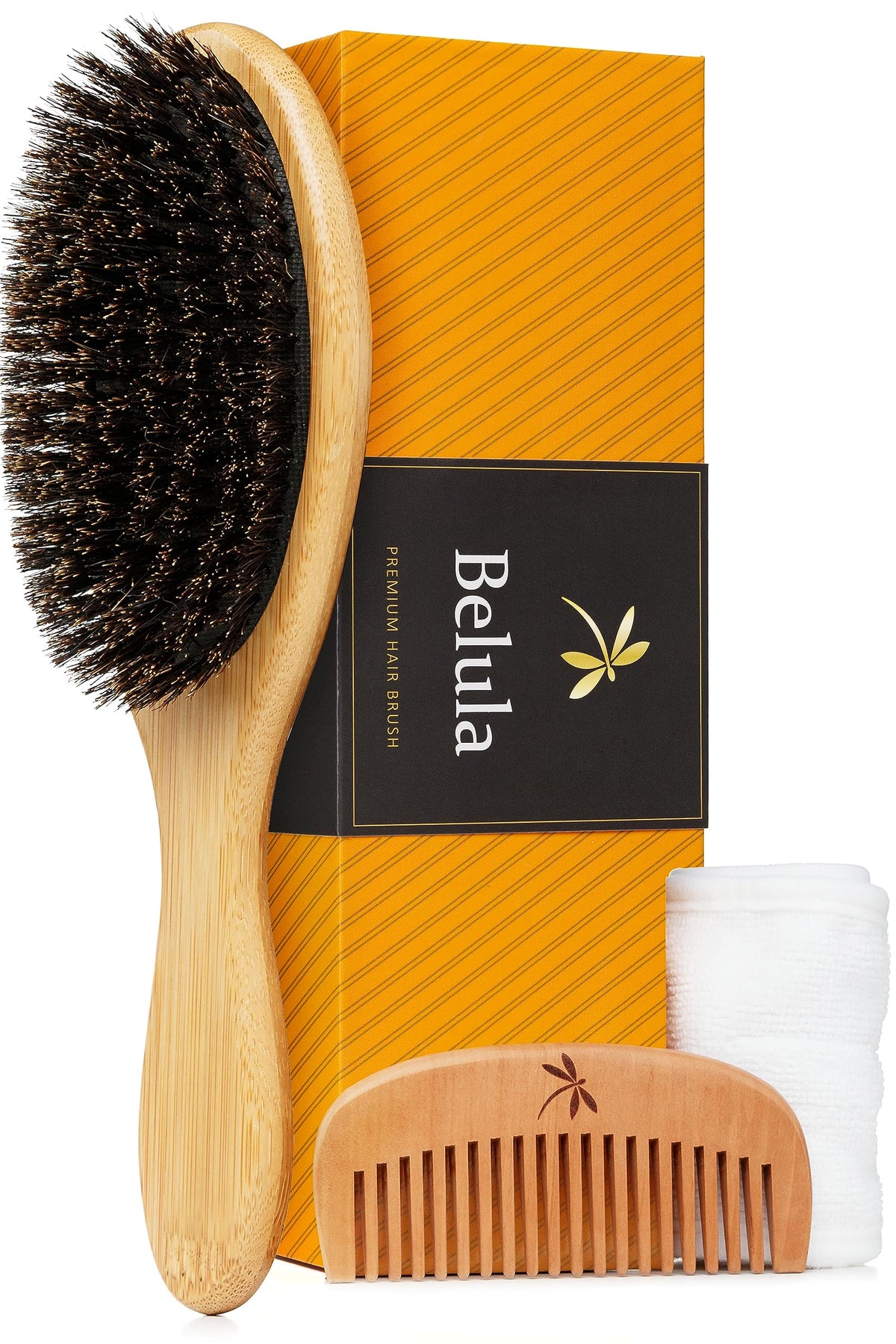 Belula Boar Bristle Hair Brush Set For Fine Hair With Wooden Comb & Travel Bag - Medium