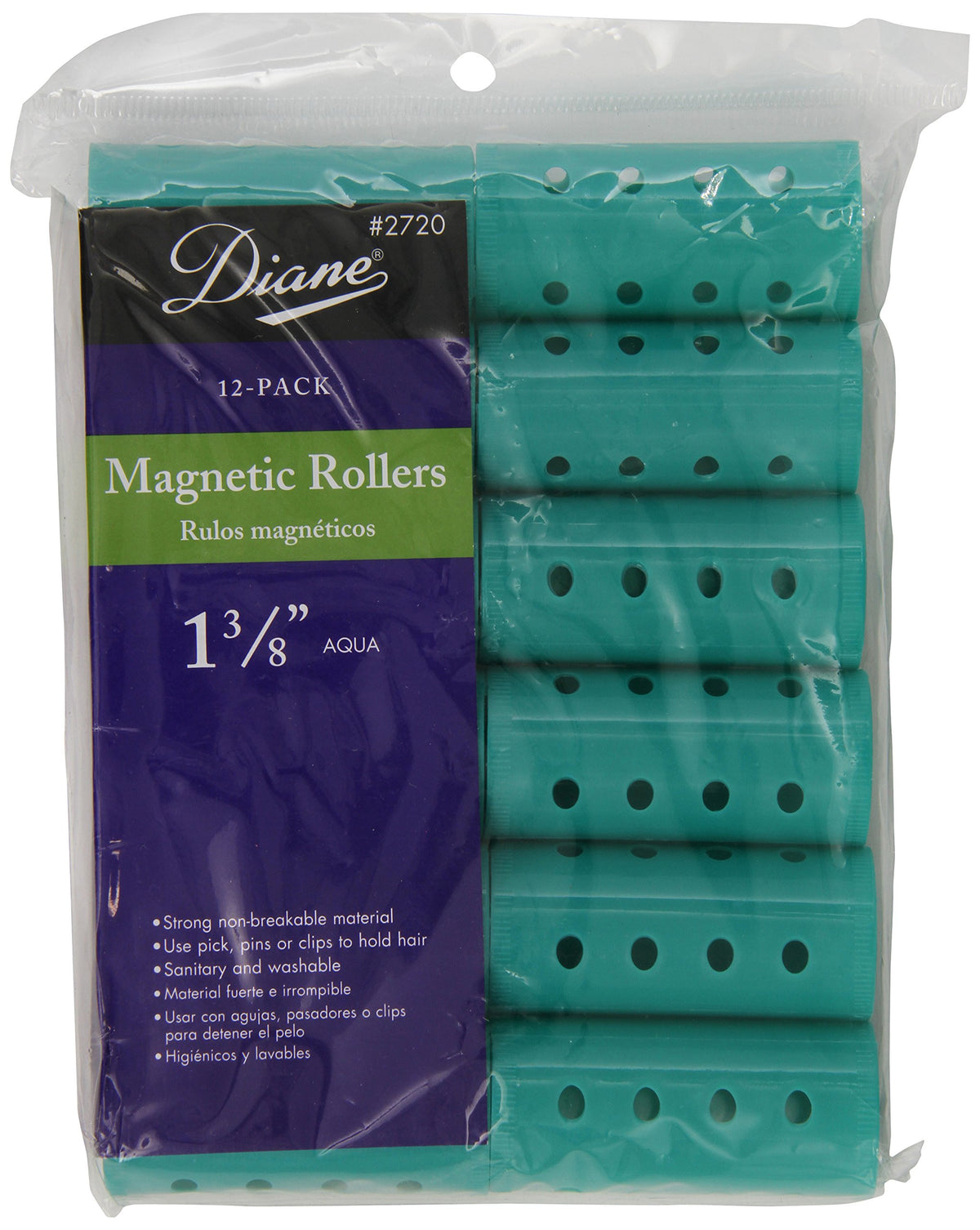 Diane Aqua Magnetic Hair Rollers, 1 3/8 Inch, Pack of 12 - Plastic Hair Styling Tools