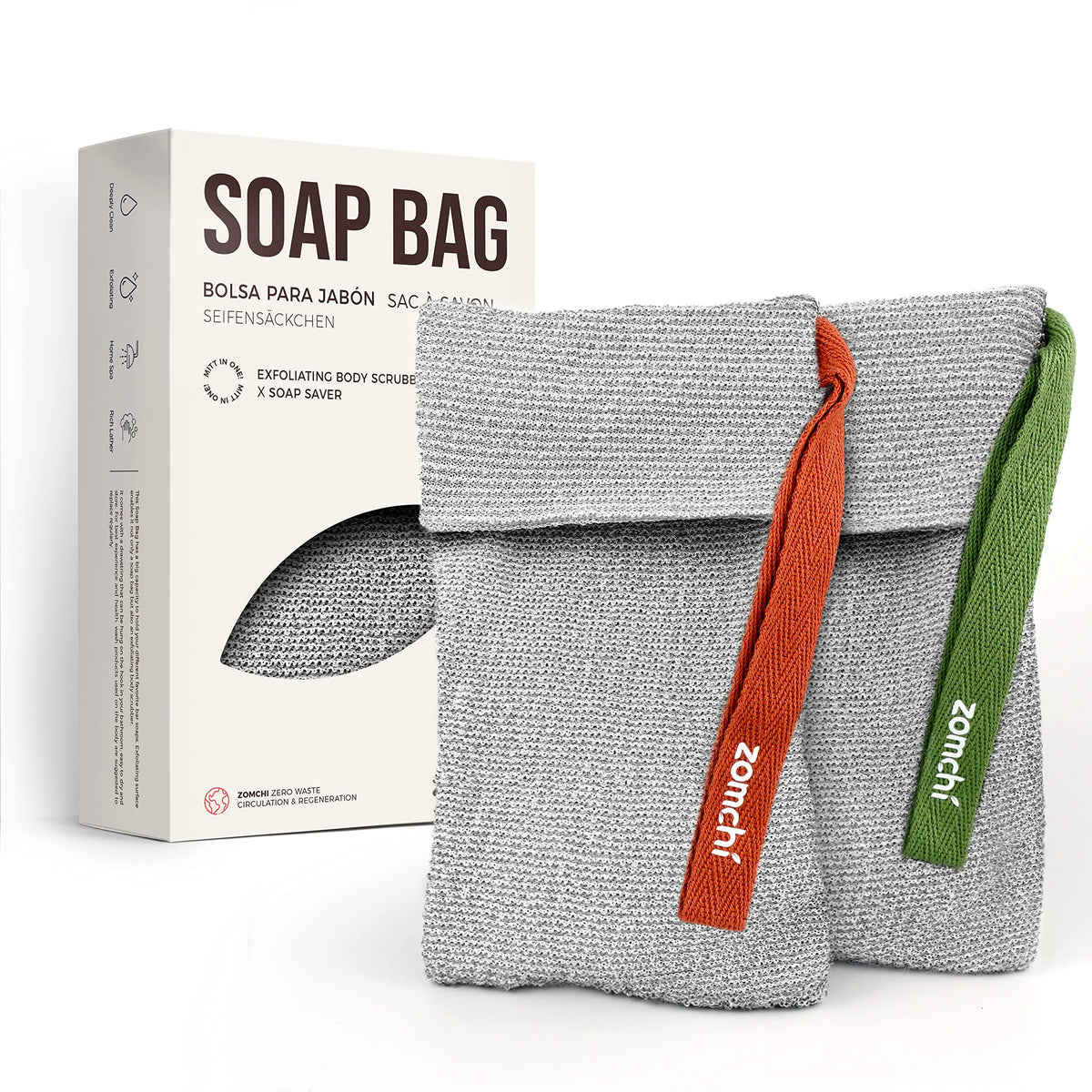 Zomchi Soap Bags - 2 Pack Exfoliating Body Scrubbers For Shower, Gentle Roughness, Nylon