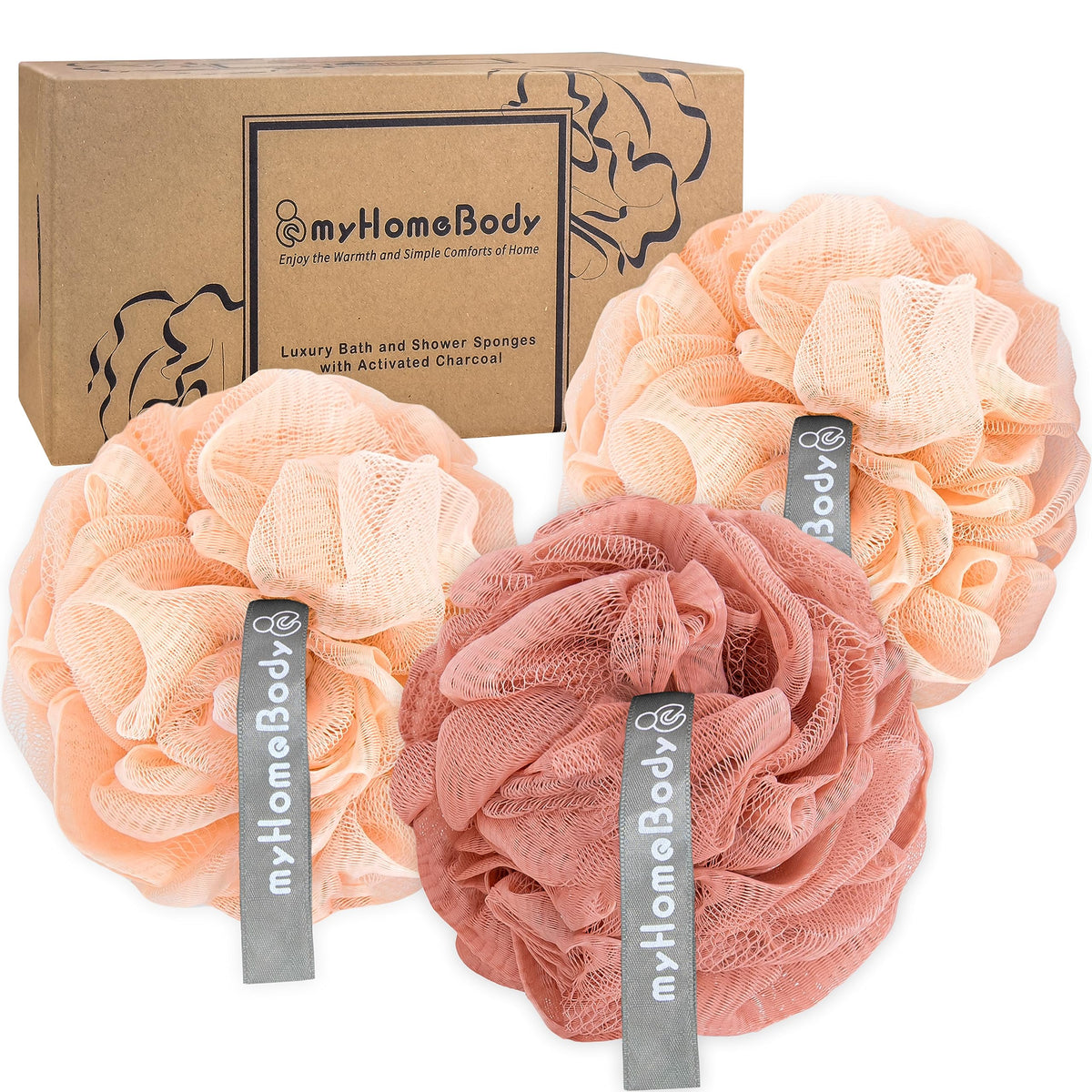 Myhomebody Loofah Sponge 3 Pack - Exfoliating Bath Scrubber With Activated Charcoal, Peach & Coral Red