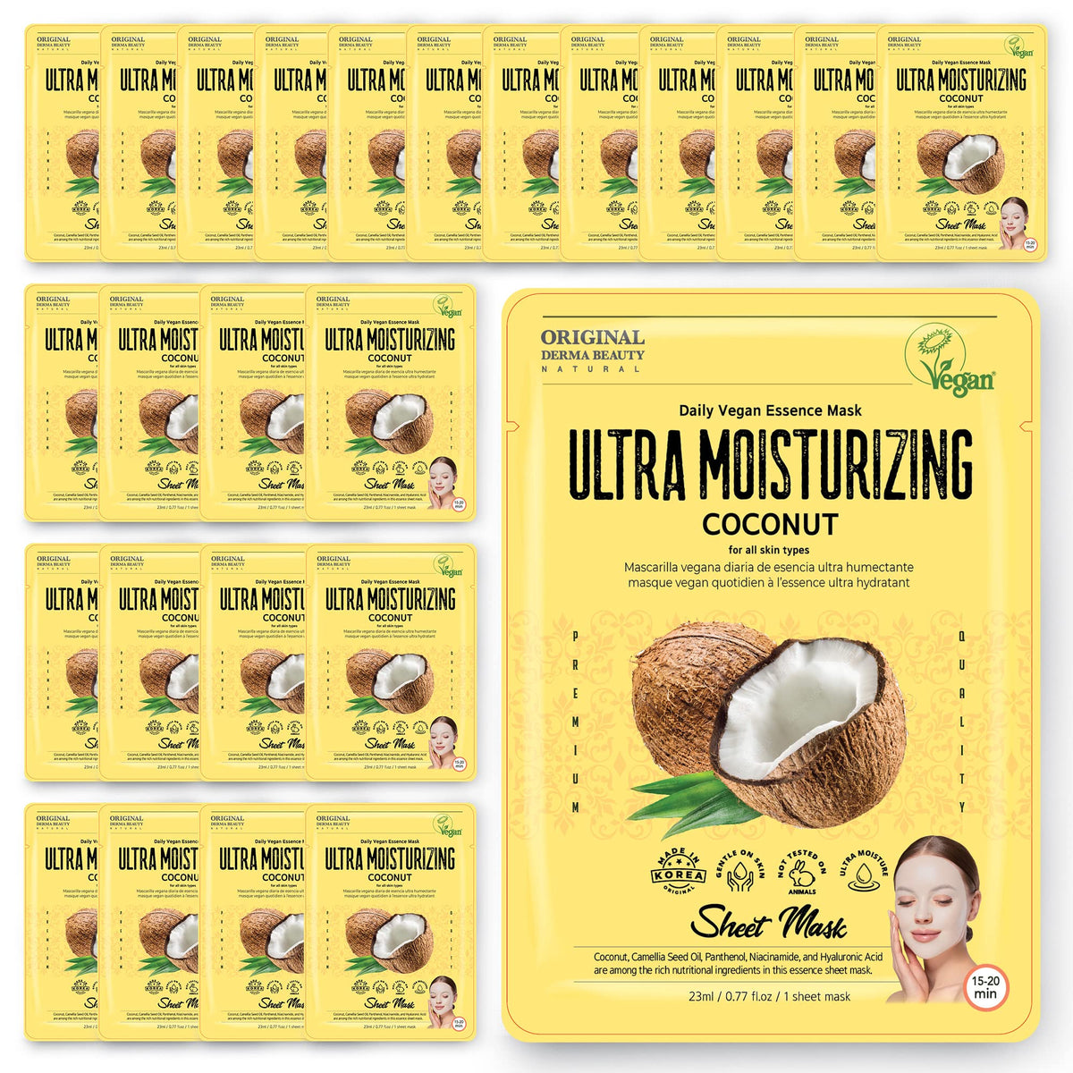 Innerest Collagen Face Masks 24 Pk - Vegan Coconut Ultra Moisturizing Skin Care Sheet Masks