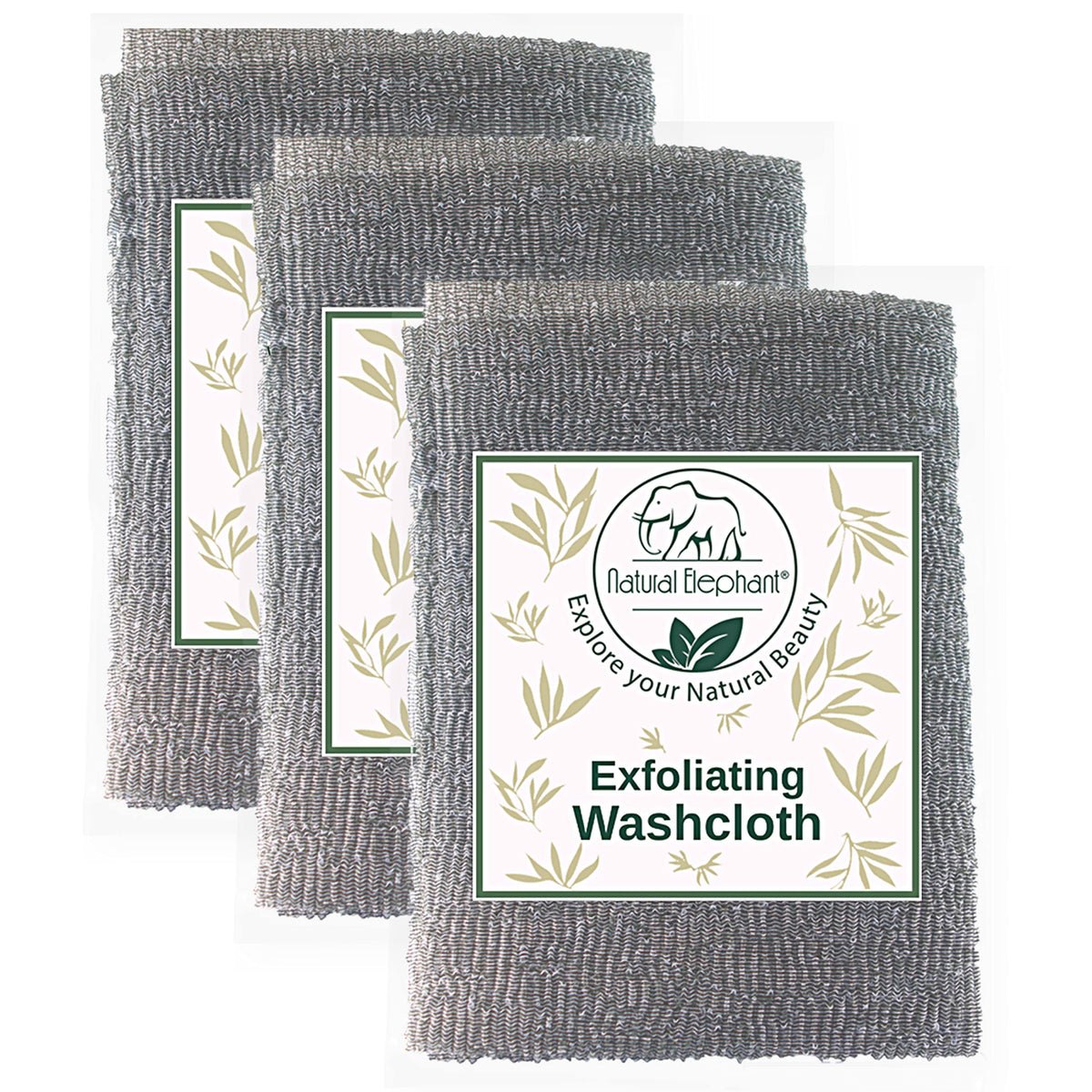 Natural Elephant Charcoal Grey Exfoliating Washcloths - 3 Pack Microfiber Shower Scrubber