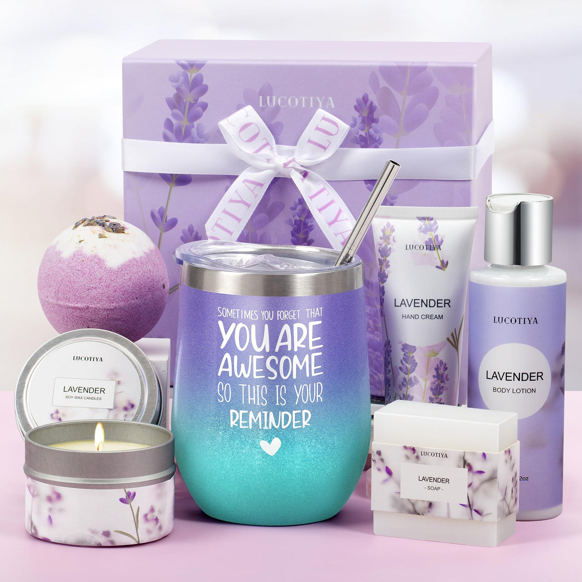 Lucotiya Lavender Spa Gift Set For Women - 6 Piece Bubble Bath & Wine Tumbler Gifts