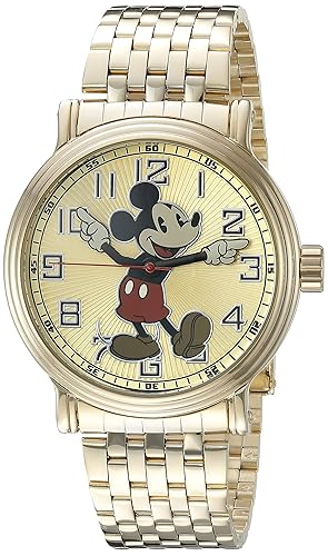 Disney Mickey Mouse Gold Analog Quartz Watch For Men, Stylish Alloy Timepiece