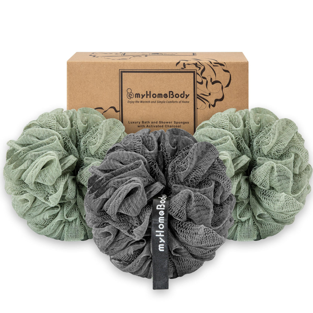 Myhomebody 3 Pack Loofah Sponge Set - Exfoliating Body Scrubber With Charcoal, Sage Green & Gray