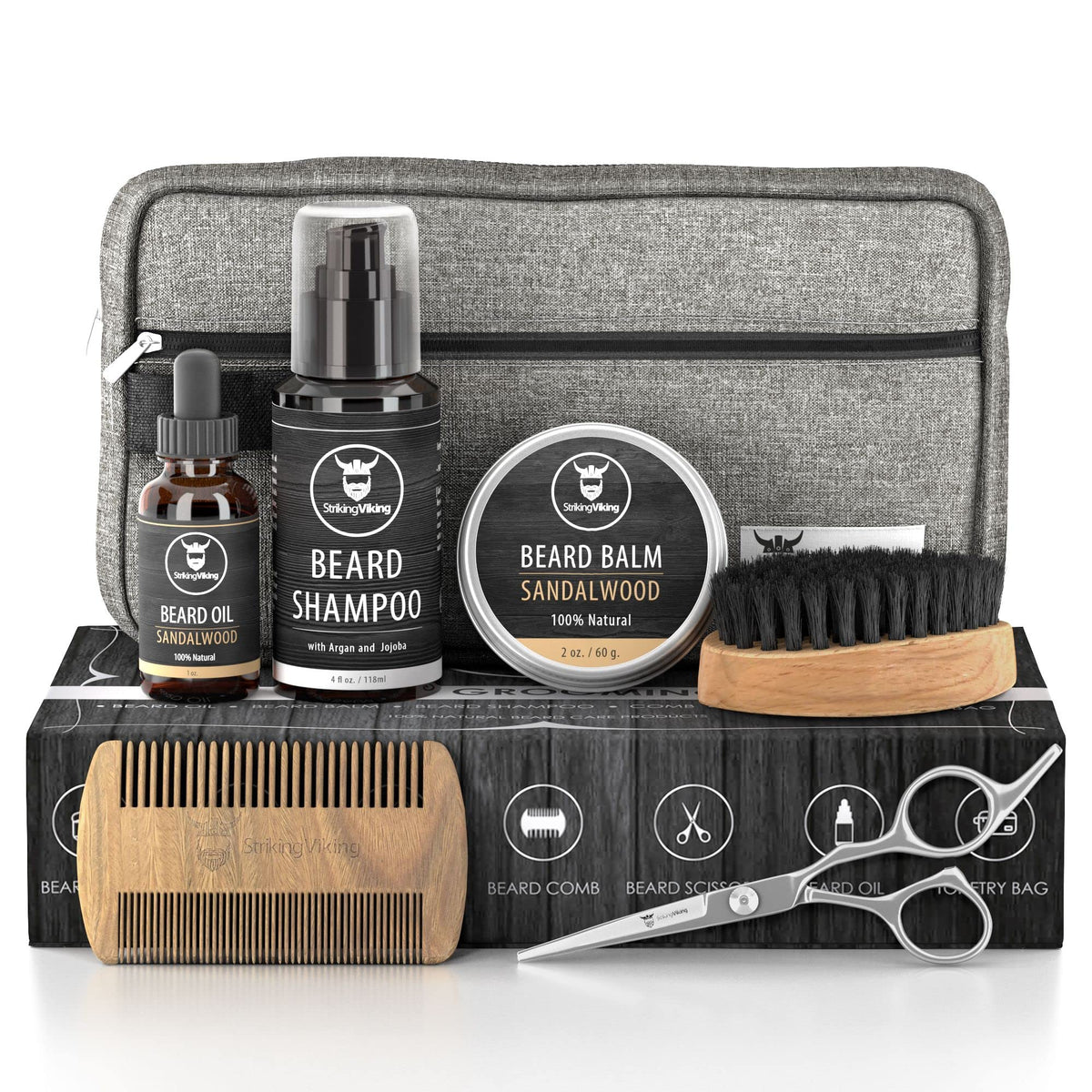 Striking Viking Grooming Kit - 7 Piece Beard Care Set With Shampoo, Oil, Balm, Brush & Scissors