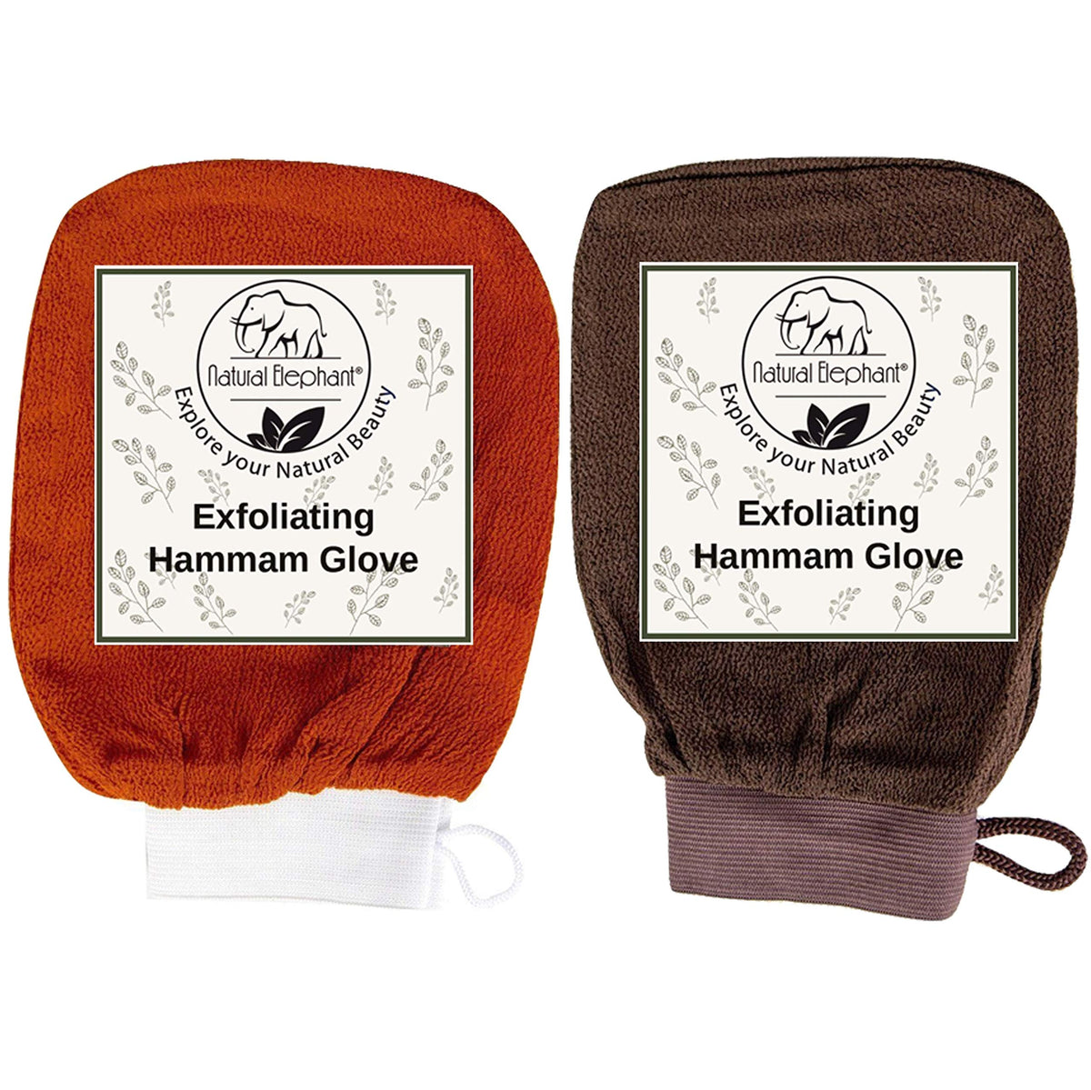 Natural Elephant Exfoliating Hammam Glove - 2 Pack, Burnt Orange & Chocolate Brown