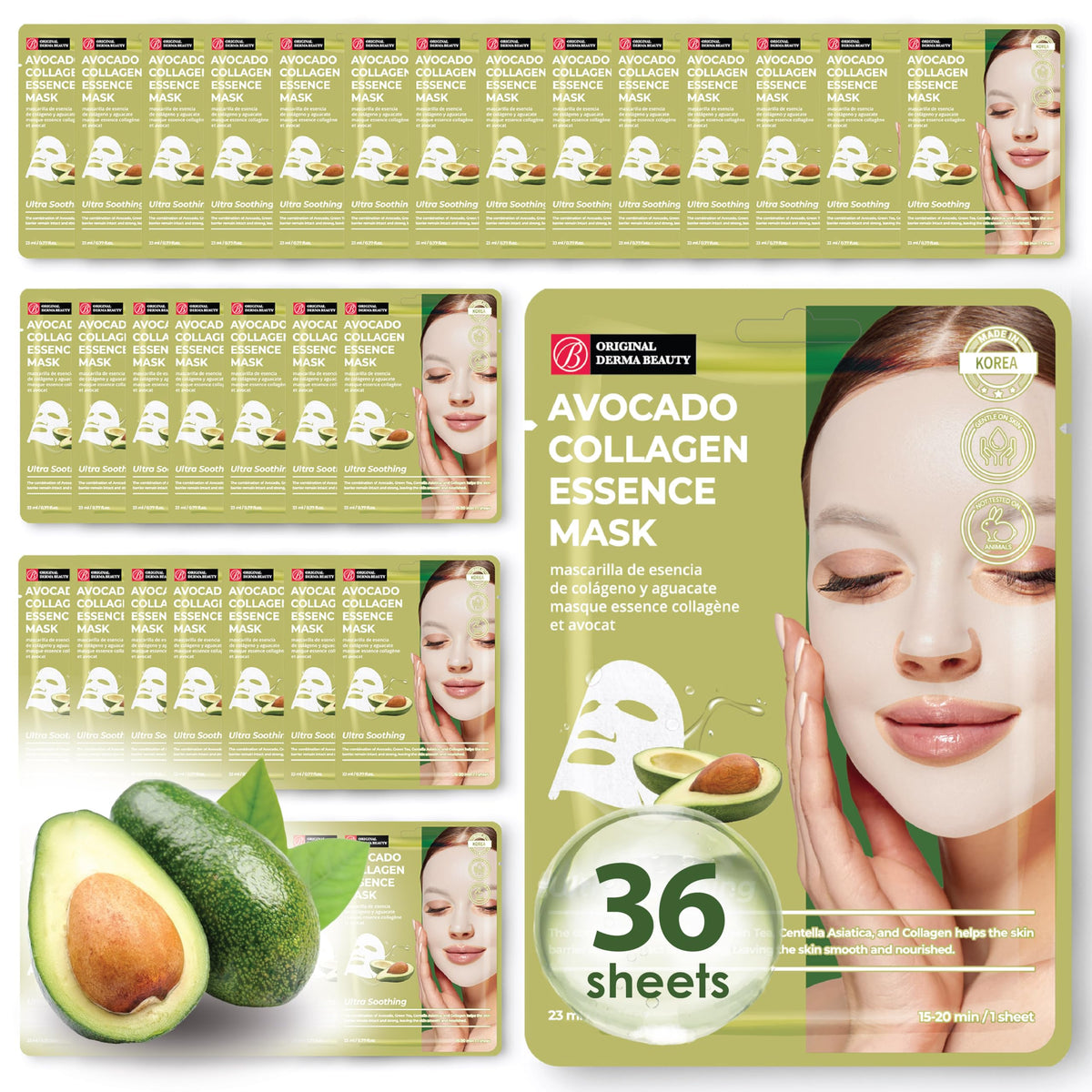 Innerest Vegan Collagen Face Masks Set - 36 Ultra Moisturizing Avocado Sheet Masks For Skincare