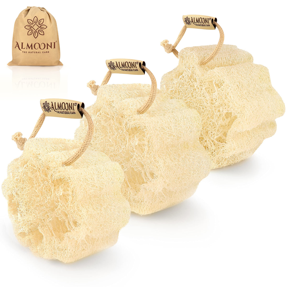 Almooni Mini Natural Loofah Sponge, 3 Count - Exfoliating Tan Loofah Scrubber For Shower