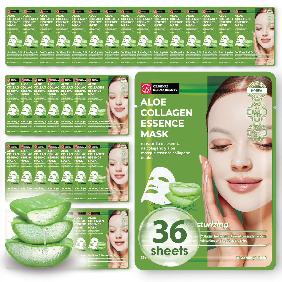 Innerest Collagen Face Masks - 36 Pk Vegan Aloe Ultra Moisturizing Korean Skincare