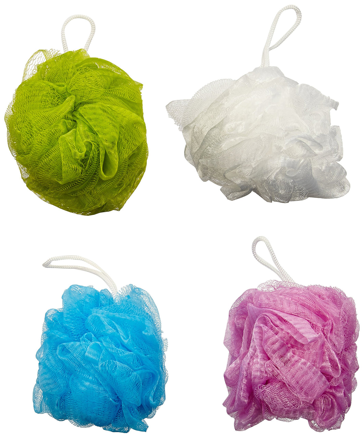 Daylee Naturals 4 Pack Mesh Bath Pouf Sponge - Blue, Green, White, Pink, Soft & Durable